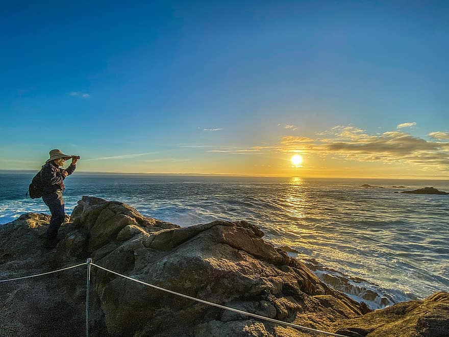 Point Lobos, море, заход солнца, берег, скалистое побережье, береговая линия, скалистый, океан, волны, горные породы, турист