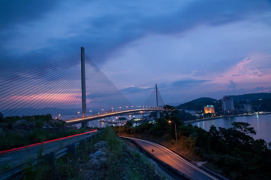 море, мост, път, градски, дълъг, quang ninh, Виетнам, пейзаж, природа, здрач, нощ