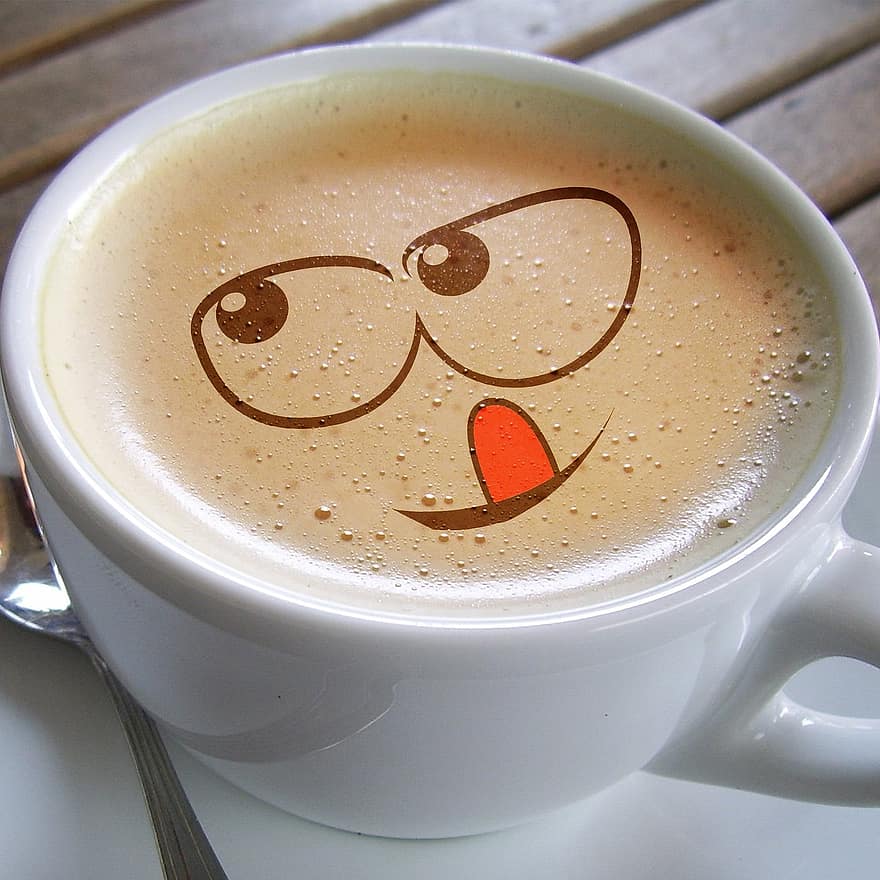 tassa, cafè, escuma, cafè au lait, somriu, riure, somrient, joia, feliç, satisfet, escuma de cafè