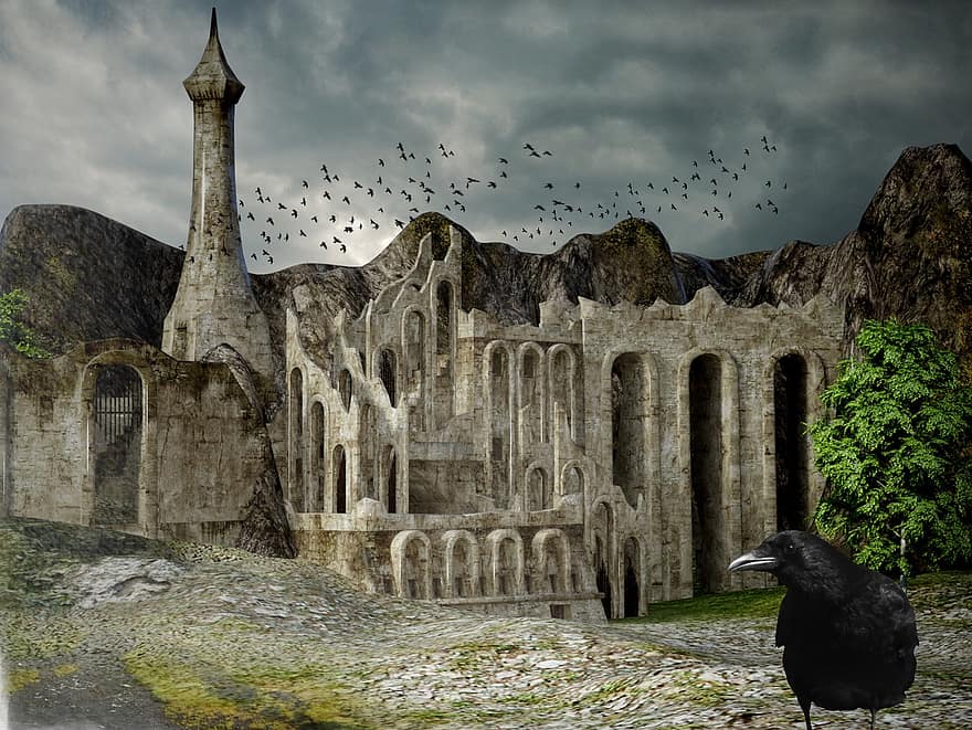 Raven, Castle, Ruin, Trees, Sky, Clouds, Landscape, Nature, Mystical, Flock Of Birds