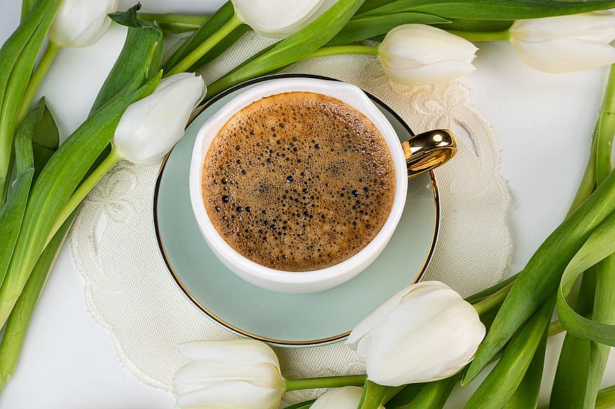 café, tulipes, fleurs, printemps, saisonnier, boisson, tulipe, fleur, fraîcheur, bouquet, fermer