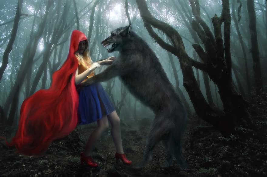赤頭巾ちゃん、狼、森林、ストーリー、女の子、マント、牙、靴、かかと