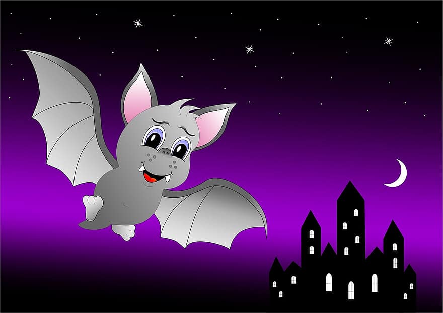 Bat, Castle, Night, Star, Moon, Halloween, Cartoon, Flying, Laugh, Cheerful, Funny