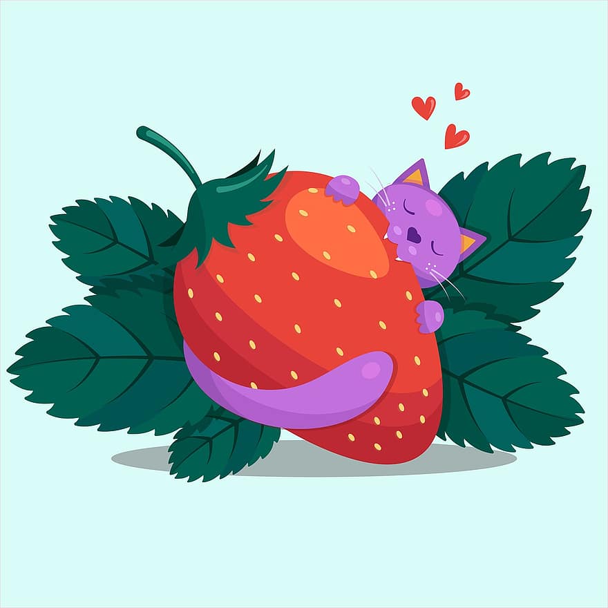 Cat, Cartoon Cat, Strawberry, Sleeping, Dreaming, Animal, Feline, fruit, food, leaf, illustration