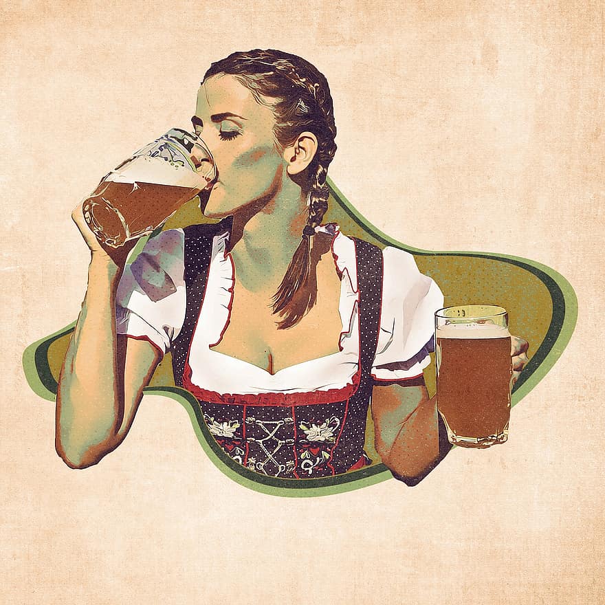 женщина, девушка, бавария, женский пол, человек, пивная кружка, глиняная пивная кружка, пиво, молодой, творческий, ретро
