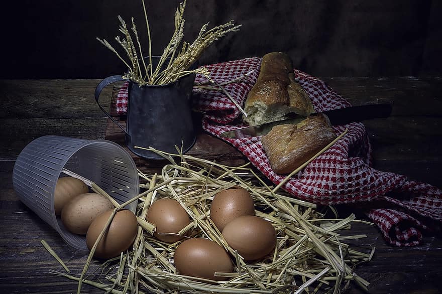 kiaušiniai, duona, natiurmortas, derliaus, maisto, valgio, ekologiškas, šiaudai, kaime, pietūs, šviežumas