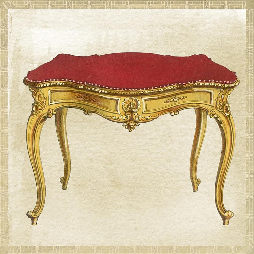 bord, årgang, gammel, antik, guld, rød, fløjl, rødt fløjl, fransk, design, indre