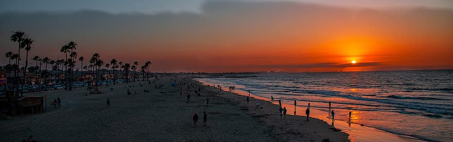oceán, západ slunce, pláž, pobřežní čára, Newport Beach, Kalifornie, voda, pobřeží, soumrak, Pacifik, písek