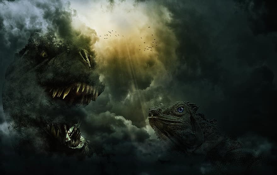 iguana, t rex, fantasia, buio, nube, Lustro, nebbioso, misterioso, nebbia, photoshop