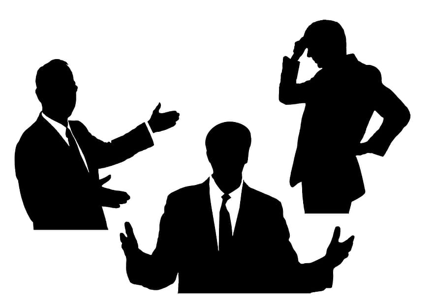 homes, silueta, corbata, empresaris, llengua de signes, gestos, expressió, altaveus, presentació, parlar