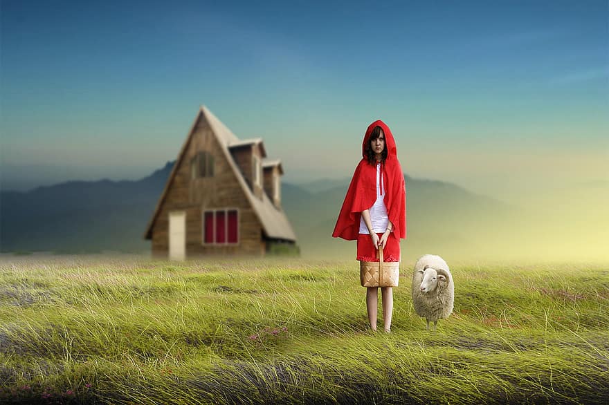 czerwony kapturek, owca, pole, łąka, trawa, kobieta, dziewczynka, kostium, kosz, zwierzę, żywy inwentarz