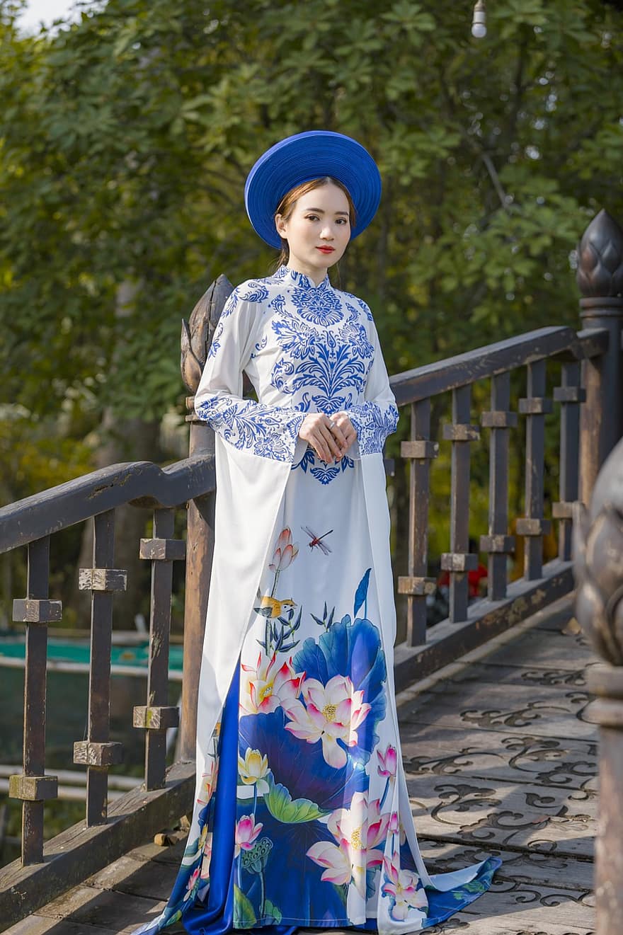 ao dai, móda, žena, Vietnamské národní šaty, čepice, šaty, tradiční, dívka, pěkný, póza, Modelka