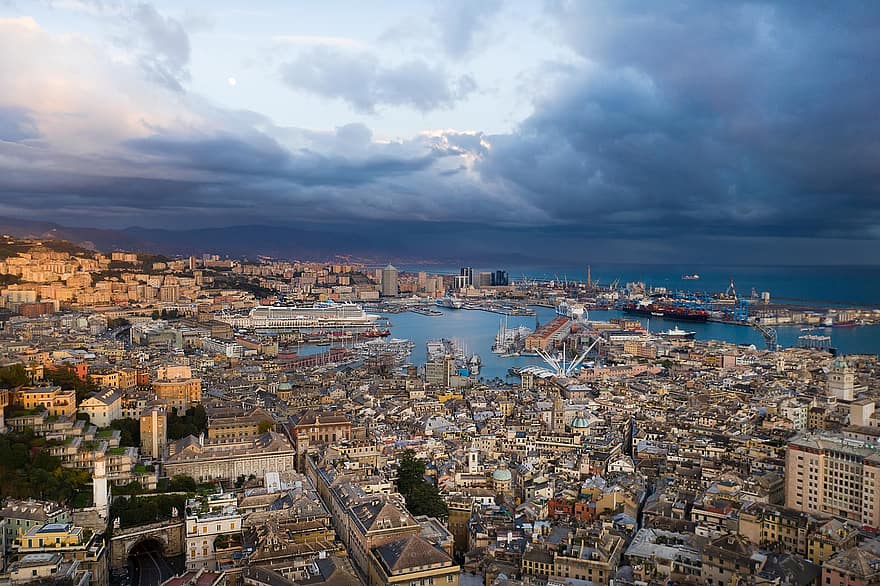Genua, Italië, haven, oude, zee, schip, reis, water, panorama, ochtend-, stadsgezicht
