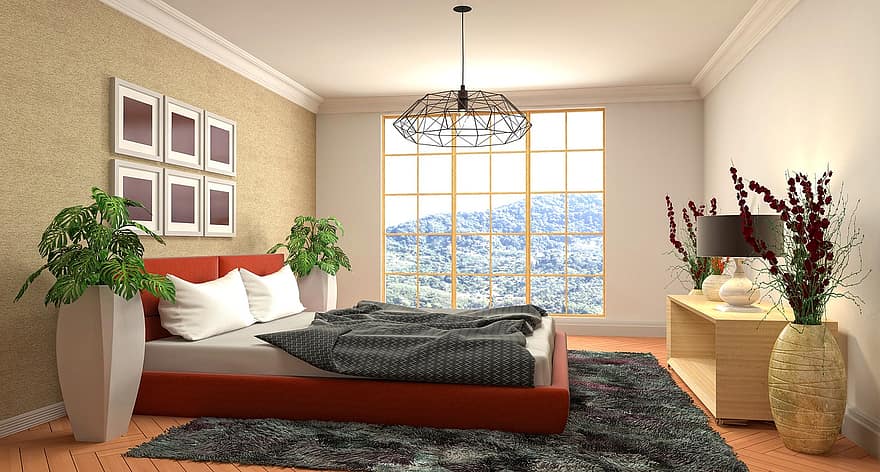 спалня, вътрешен дизайн, 3D визуализация, стая, интериор на стая, интериор на спалня, Главна спалня, украса, декор, мебели, стилен
