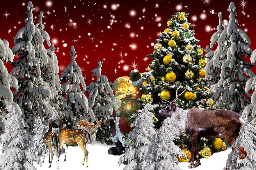fundo, Natal, época de Natal, neve, inverno, floresta de inverno, árvore de Natal, Papai Noel, rena, veados, motivo de natal