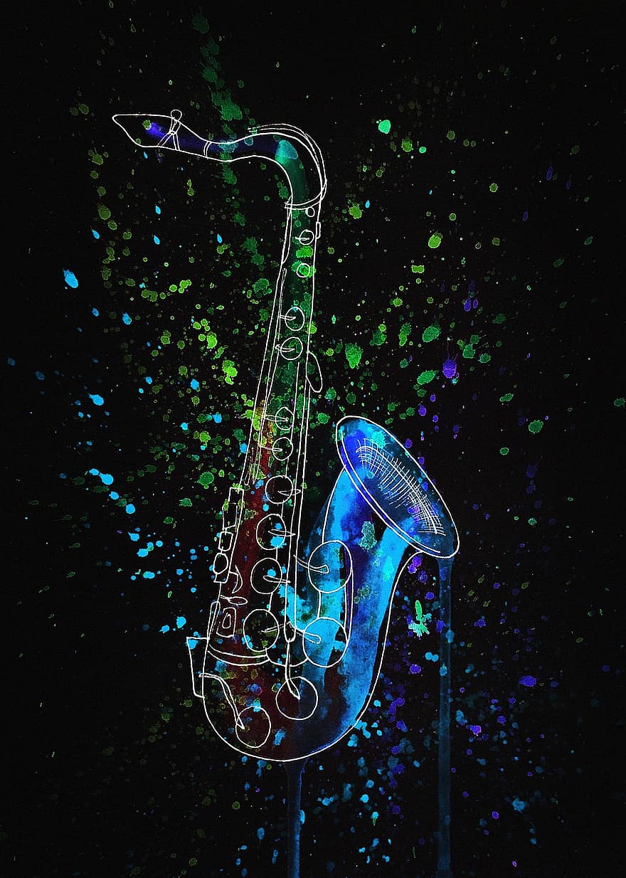 саксофон, інструмент, акварель, музики, музичний інструмент, духовий інструмент, барвисті, плями, неонові, світло, барвник
