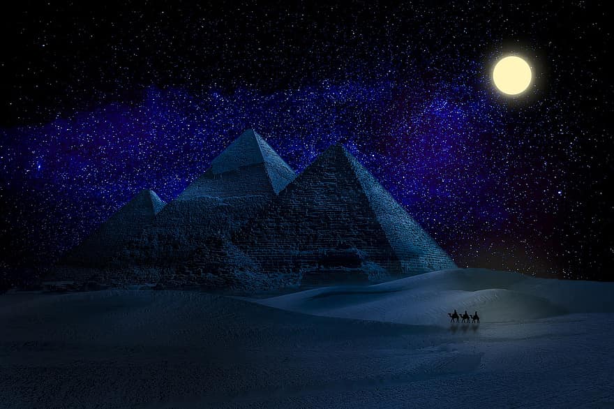 시장 조작, 피라미드, 이집트, gizeh, 세 명의 동방박사, 경치, 은하수, 별, 달, 푸른 달