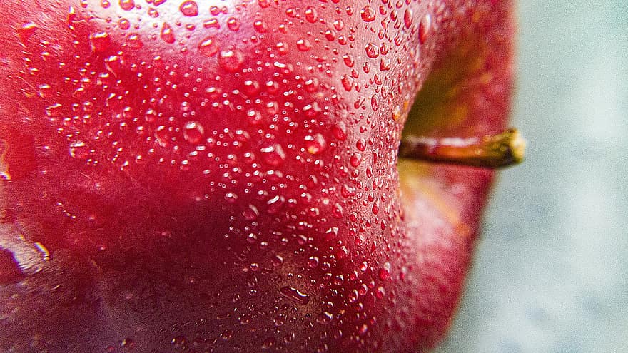 яблоко, фрукты, капли росы, роса, красный, Органические спелые, свежий, производить, здоровый, питание, закрыть