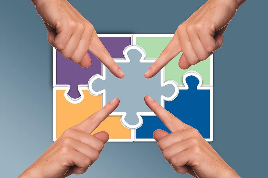 mani, puzzle, Condividere, elementi, unendo insieme, dito, toccare, squadra, lavoro di squadra, insieme, cooperazione