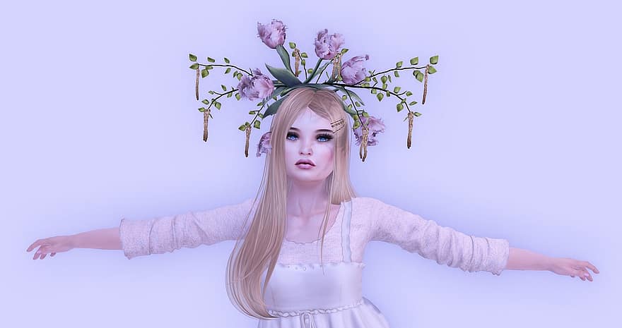 avatar, kvinde, blomster, tulipaner, kunst, skønhed, model