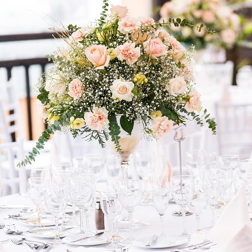 フラワーズ、バラ、花束、テーブル、結婚式、イベント、ロマンチック、エレガント、結婚、デコレーション、テーブルの花