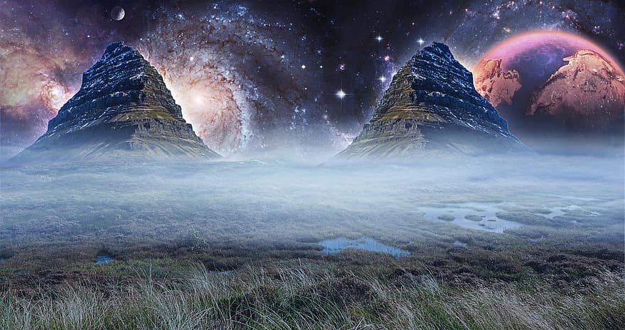 山岳、霧、スペース、宇宙、銀河、惑星、星、天体、牧草地、草、霧の