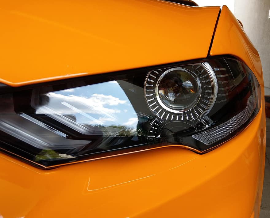 Ford Mustang, Auto, Scheinwerfer, LED, Licht, Fahrzeug, Automobil, Ford Mustang 2019, Orange Fury Mustang