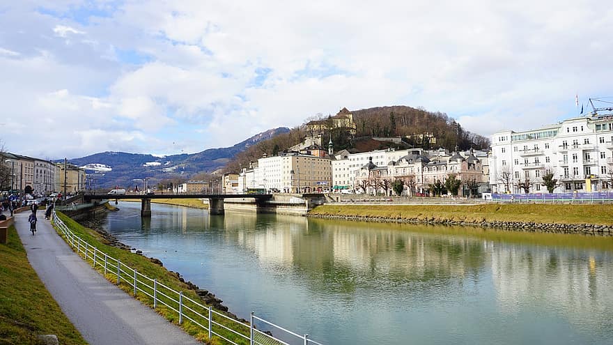 dorp, stad, stad-, rivier-, brug, straat, salzburg, Oostenrijk, reizen
