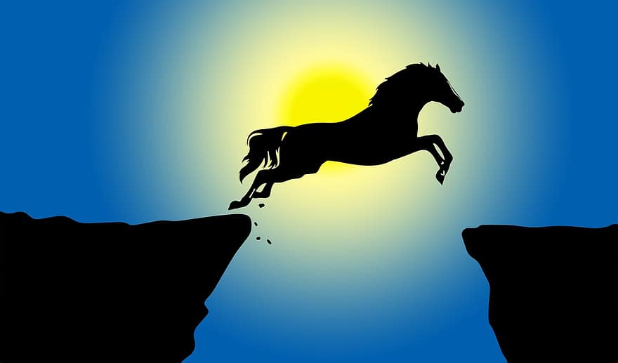 silueta, sol, cel, cavall, saltar, a l'aire lliure, blau, cap persona, al matí, naturalesa, acció