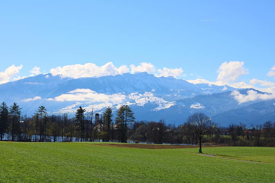 Mountains, Meadow, Landscape, Trees, Clouds, Gantrisch Nature Park, Lake, Alps, Bernese Oberland, Field, Switzerland