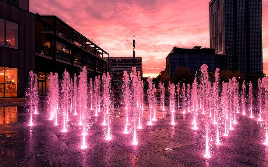 Floor Fountain, City, Sunset, Fountain, Park, Outdoors, Colorful, Water Jets, Water Splash, Pavement, Urban