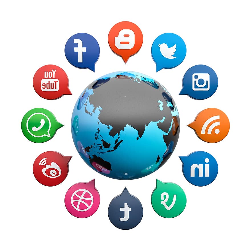 sociale medier, 3d render, boble, planet, netværk, moderne, internet, isolerede, kort, web, teknologi