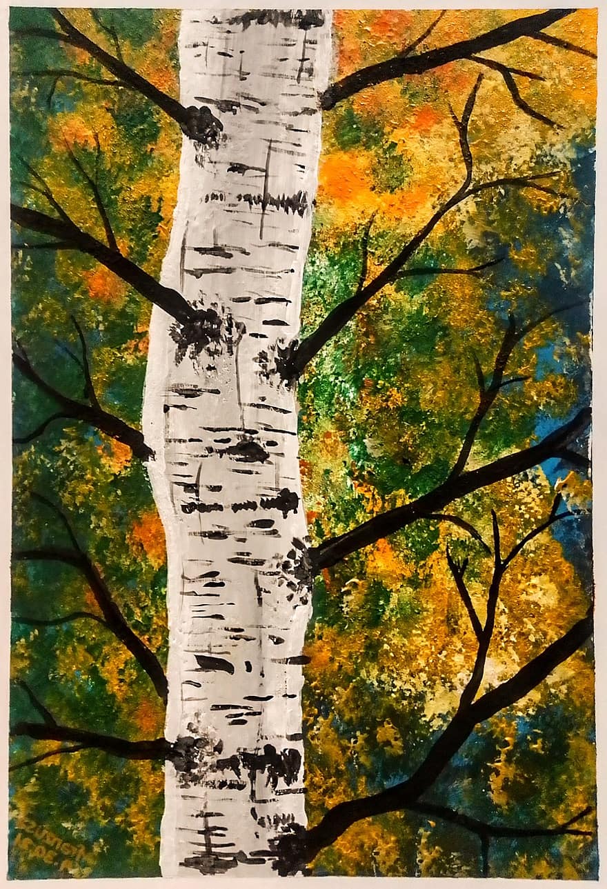 maleri, akryl, Franzusa, kunst, farverig, struktur, træ, efterår, Skov, blad, gul