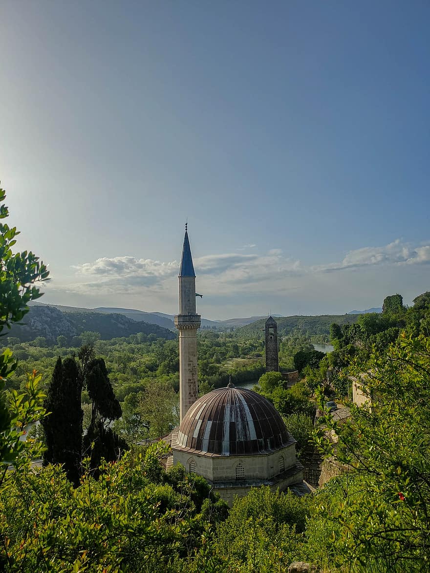 Pocitelj, Bosnia og Herzegovina, moské, klokketårn, natur, ottomanske, tårn, trær, arkitektur, minaret, berømt sted