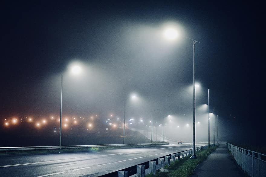 rodovia, névoa, noite, estrada, tarde, cidade
