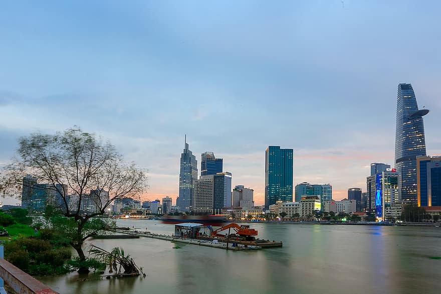 řeka, loď, západ slunce, Vietnam, saigon, nebe, ho chi minh city, mrakodrap, panoráma města, slavné místo, městské panorama