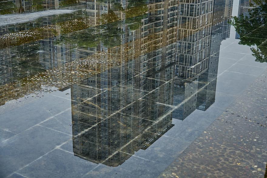 edificio, charco, reflexión, agua, superficie del agua, ciudad, árbol