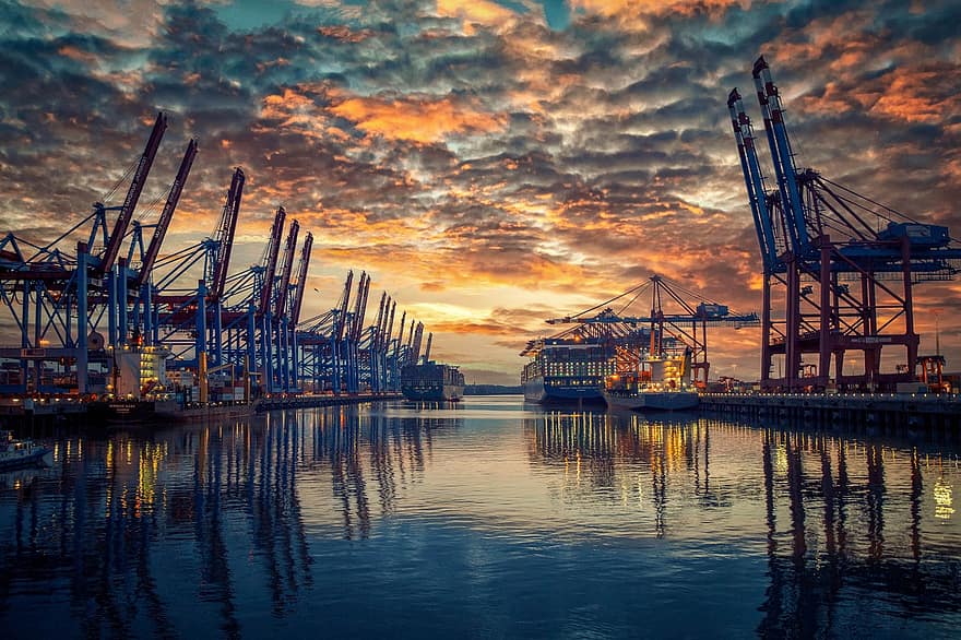 hamn, behållarkranar, solnedgång, flod, reflexion, vatten, fartyg, containerfartyg, frakt, logistik, industri