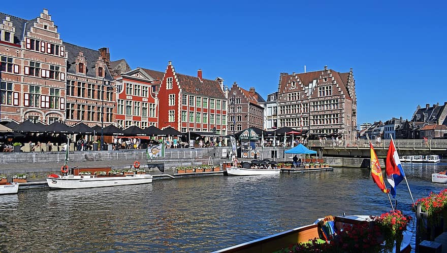 architektura, cestovat, řeka, město, ghent, Belgie, kanál, cestovní ruch, Evropa, slavné místo, námořní plavidlo