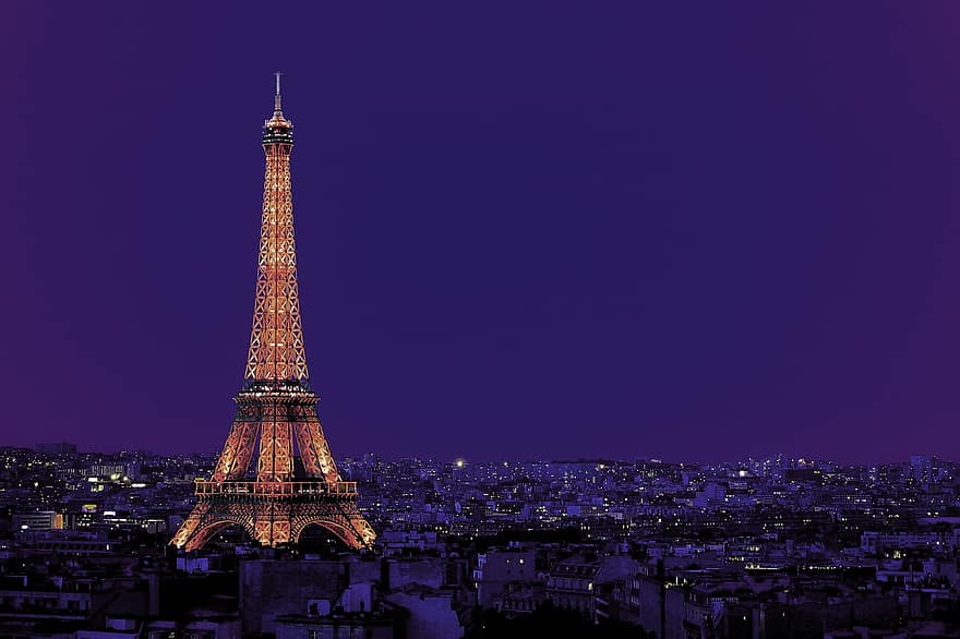 Айфеловата кула, Париж, туризъм, Франция, пътуване, туристическа атракция, нощ, известното място, градски пейзаж, здрач, архитектура