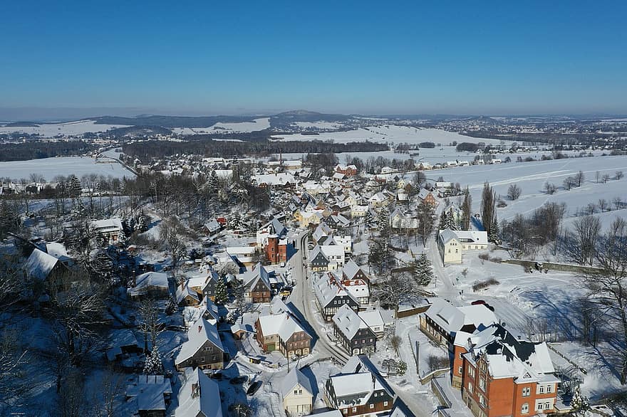 zimní, město, Bad Waltersdorf, Sasko, Německo, sníh, krajina, zimní krajina, led, střecha, hora