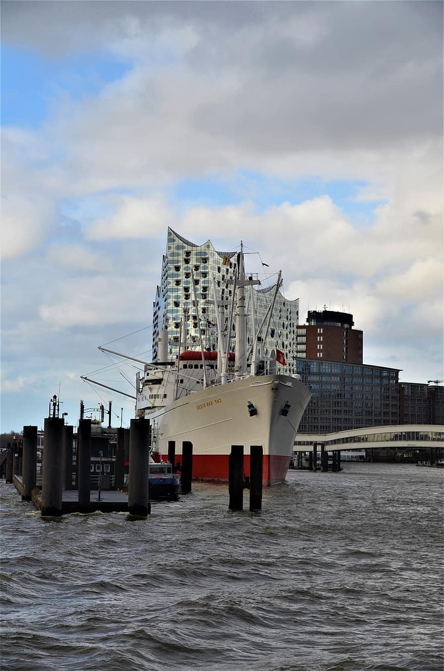 hajó, móló, kikötő, esős időjárás, port motívumok, sap diego, Kikötői túra, Hamburg, szállítás, kereskedelmi dokkoló, ipari hajó