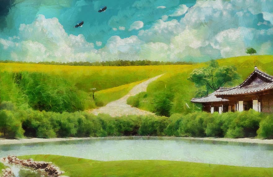 río, campo, pintura, rural, casa, banco, camino, naturaleza, dibujo, Art º
