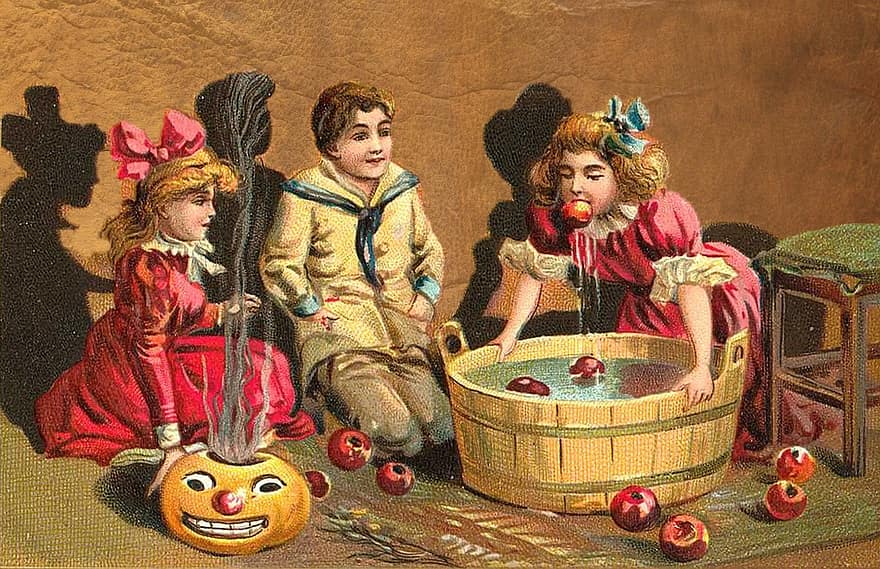 عيد الرعب ، عتيق ، أطفال ، بطاقة ، سعيدة ، يوم الاجازة ، فتاة ، تفاح ، حيوان ، يقطين ، مخيف