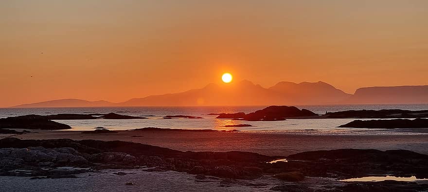 le coucher du soleil, bord de mer, côte, crépuscule, paysage marin, soir, Écosse, hauts plateaux, la nature