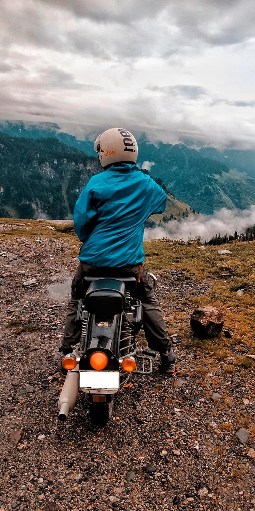 motorsykkel, rytter, fjellene, reise, ensomhet, biker, himmel, topp, skyer, fjellutsikt, Motorsykkel