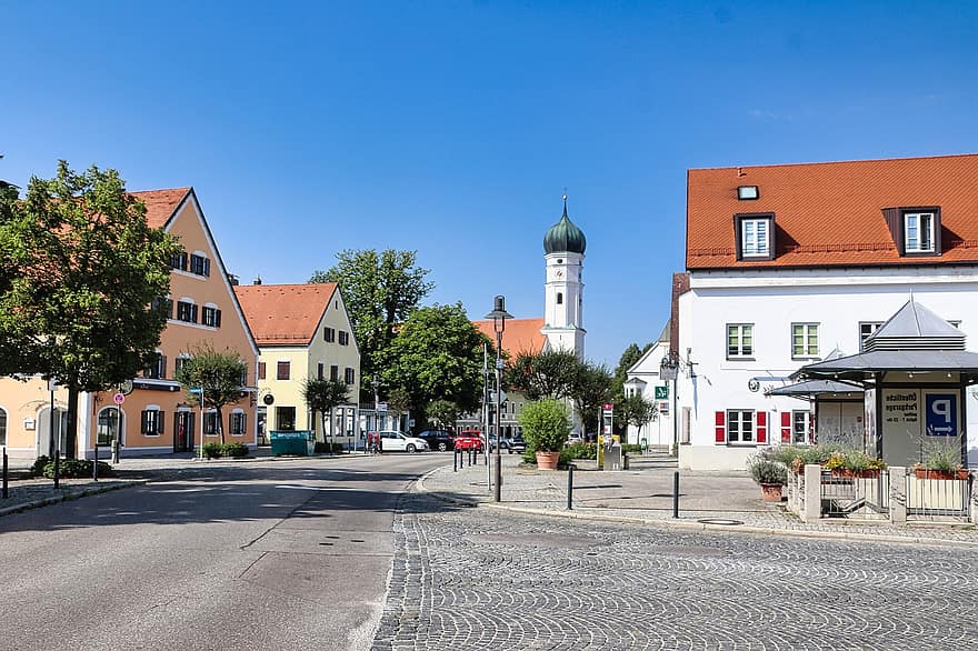 Markt Schwaben, Town, Street, Road, Buildings, Church, Steeple, Outdoors, Upper Bavaria, Bavaria