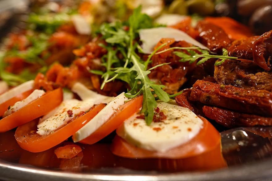 salada, tomates, mozarella, caprese, refeição, Comida, saudável, ruccola, vegetariano, tomates secos