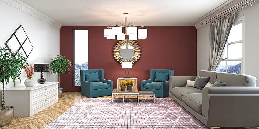 sala de estar, design de interiores, 3D renderizado, Renderização em 3d, decoração, mobília, casa, apartamento, à moda, contemporâneo