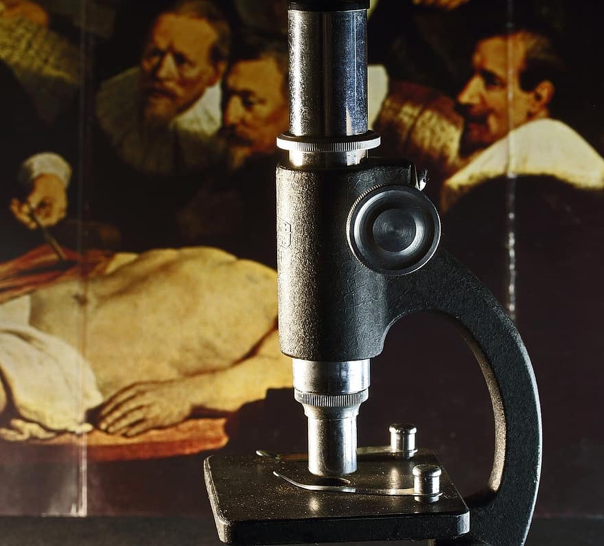 microscoop, laboratoriuminstrument, oud, retro, vergrootglas, instrument, wetenschap, Studie van micro-organismen, schilderij, uitrusting, detailopname